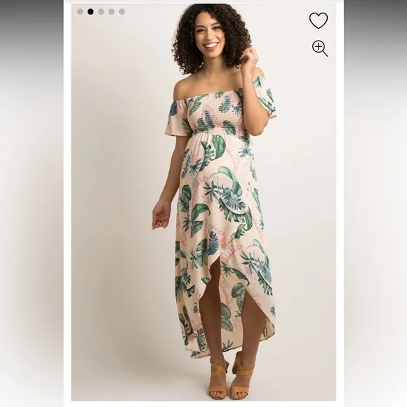 PinkBlush Peach Leaf Print Smocked Off Shoulder Maternity Dress - Picture 2 of 3